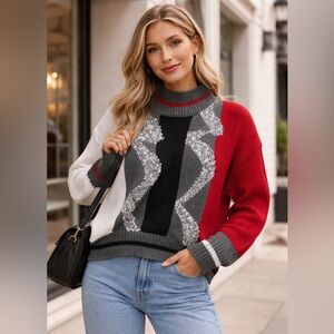 Deb Colorblock Sweater Women’s Large Red Gray Black White Geometric Knit